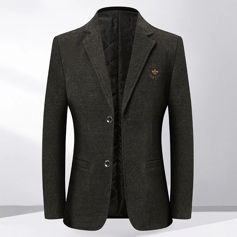 Men's Fleece Blazer Smart Casual Single Breasted Suit Jacket for Middle-Aged Men Autumn Winter