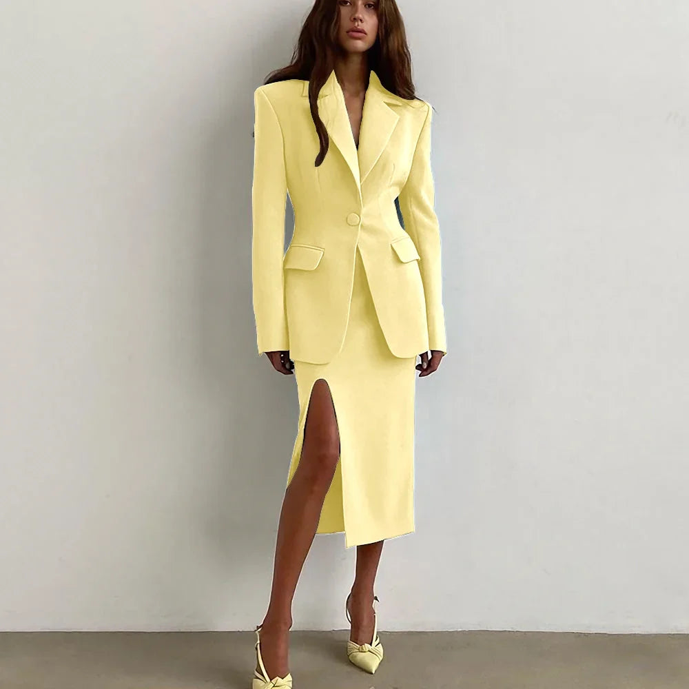 Professional Women's Single Button Notch Lapel Blazer Suit Side Slit Midi Skirt Set Elegant Party Office Fashion 2Piece Outfit
