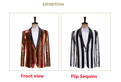 Men's Luxury Sequins Suit Jacket Double Side Stripes Trendy Blazers Banquet Evening Party Singer Host Stage Performance Tuxedo