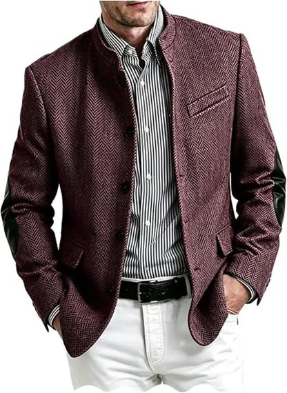 Vintage Men's Mandarin Collar Herringbone Tweed Blazer with Leather Elbow Patch Wool Blend Business Casual Slim Fit Suit Jackets