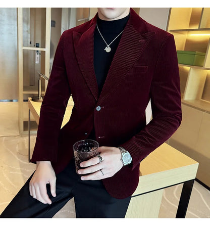 Corduroy Stripe Suit Jacket For Men Autumn Winter Business Slim Fit Tailcoat Formal Wedding Party Fashion Casual Suit Coat 4XL-M