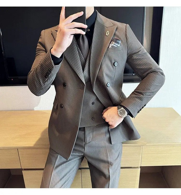 Korean Slim Fitt Wedding Suit Fashion Striped Double Breasted Suit 3 Piece Set Business Formal Casual Party Prom Host Suits