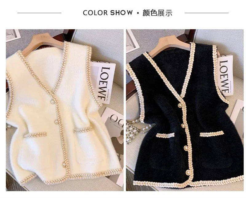 Spring And Autumn Annals Female New V-neck Knitted Mink Velvet Vest Women Xiaoxiangfeng Sweater V-neck Vest Shoulder Tops Jacket