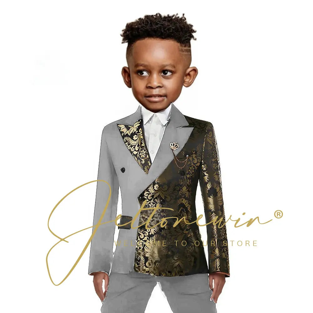 Black And Gold Floral Wedding Boys Suit Double Breasted Formal Kids Blazer Set Party Dress Child Tuxedo Jacket Pants 2 Piece Set