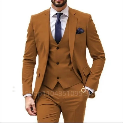 Costume de mariage formel trois pièces pour homme, avec revers crantés, veste unie, gilet et pantalon, pour soirée de bal, décontracté ou affaires