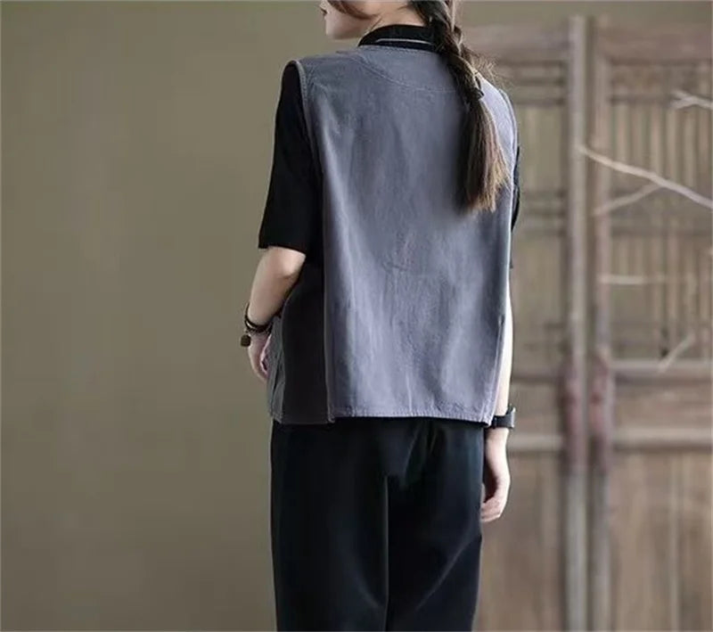 Korean Ladies Solid Color Casual Sleeveless Jacket Autumn Women V-neck Loose Waistcoat Coat Spring Female Fashion Vest Outwear