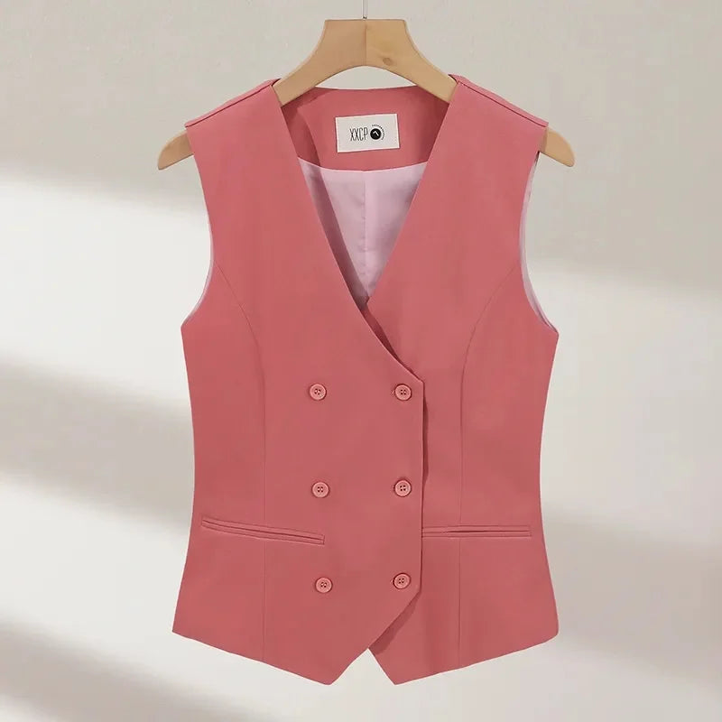 2025 Summer V-Neck Vest Women Thin Loose Waistcoat Double-breasted Sleeveless Blazer Female Slim Short Vest Femme Slim Buttons