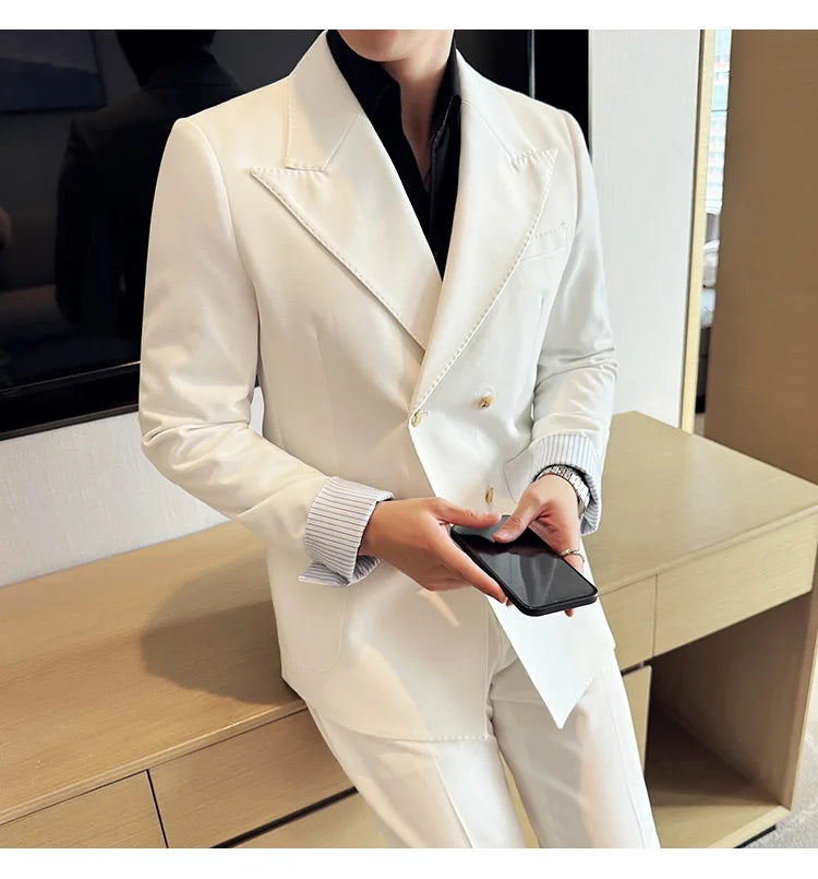 Korean Style Double Breasted Suit Jacket for Men Fashion Casual Business Suit Jackets Office Social Banquet Blazer Masculino