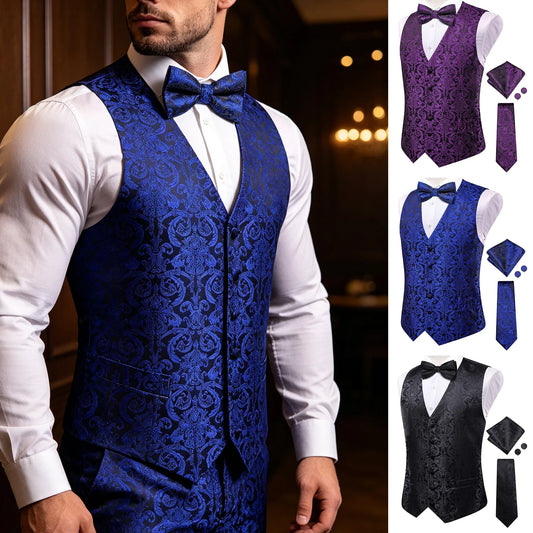 Men's Suit Vest Paisley Jacquard 5-Piece Set with Bow Tie & Necktie – Wedding & Banquet