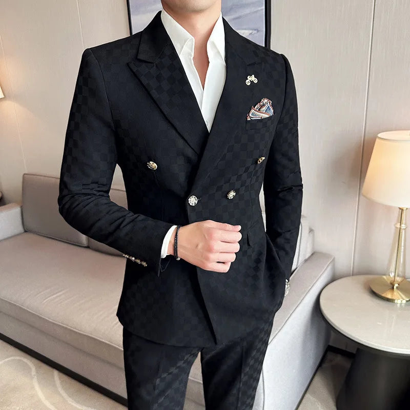 (Jacket+Pants)Luxury Checkered Double Breasted Suit  2 Pieces Fashion Business Slim Fit Social   Formal Suit Evening Dress 5XL-M