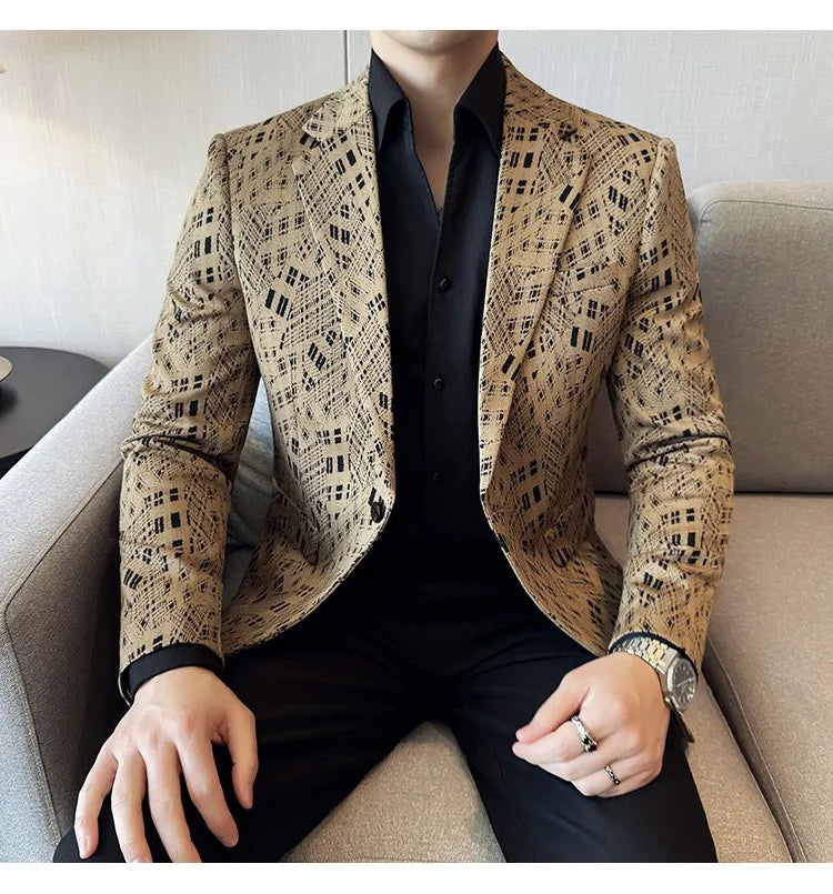 Korean Slim Fit Casual Suit Jacket for Men Fashion Camouflage Business Social Blazers Wedding Streetwear Dress Coat Men Clothing