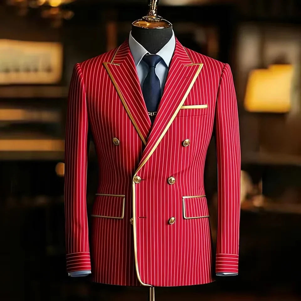 Pinstripe Double Breasted Peak Lapel Mens Suit Jacket Business Slim Fit Gold Trim Striped Coat Formal Wedding Prom Banquet Party