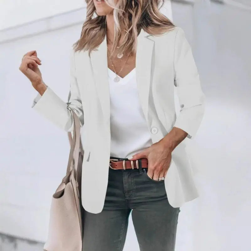 Fall 2024 Women's Casual Long Sleeve Button-Up Collar Pocket Single-Breasted Office West Suit Polyester Blend Fashion Style