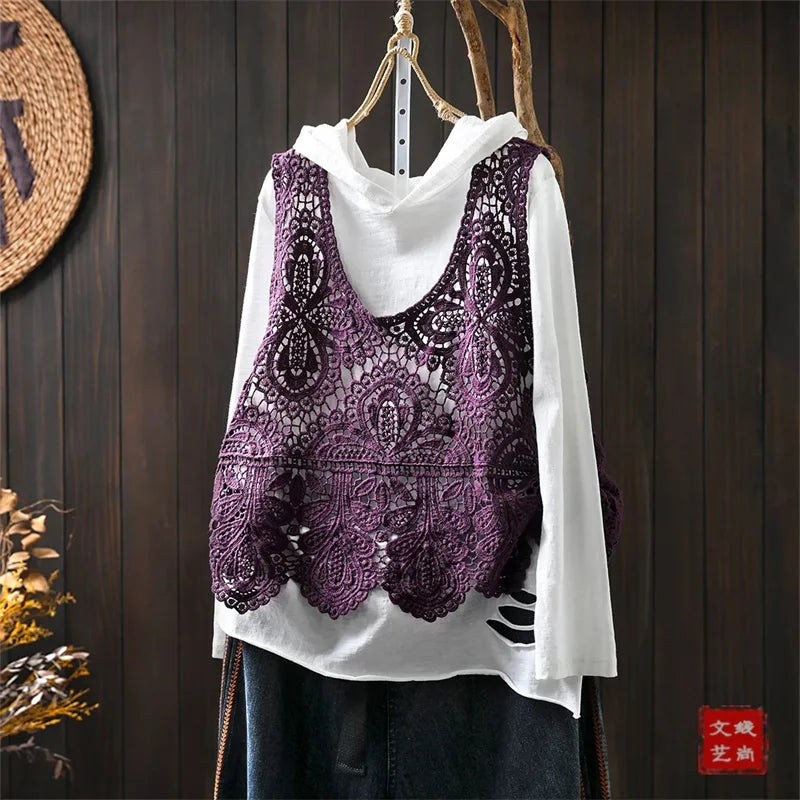 Summer Femme Lace Cotton Lined Vest Spring Women Fashion Knitted Crochet Sleeveless French Lady Hollow-out Sweater Waistcoat Top