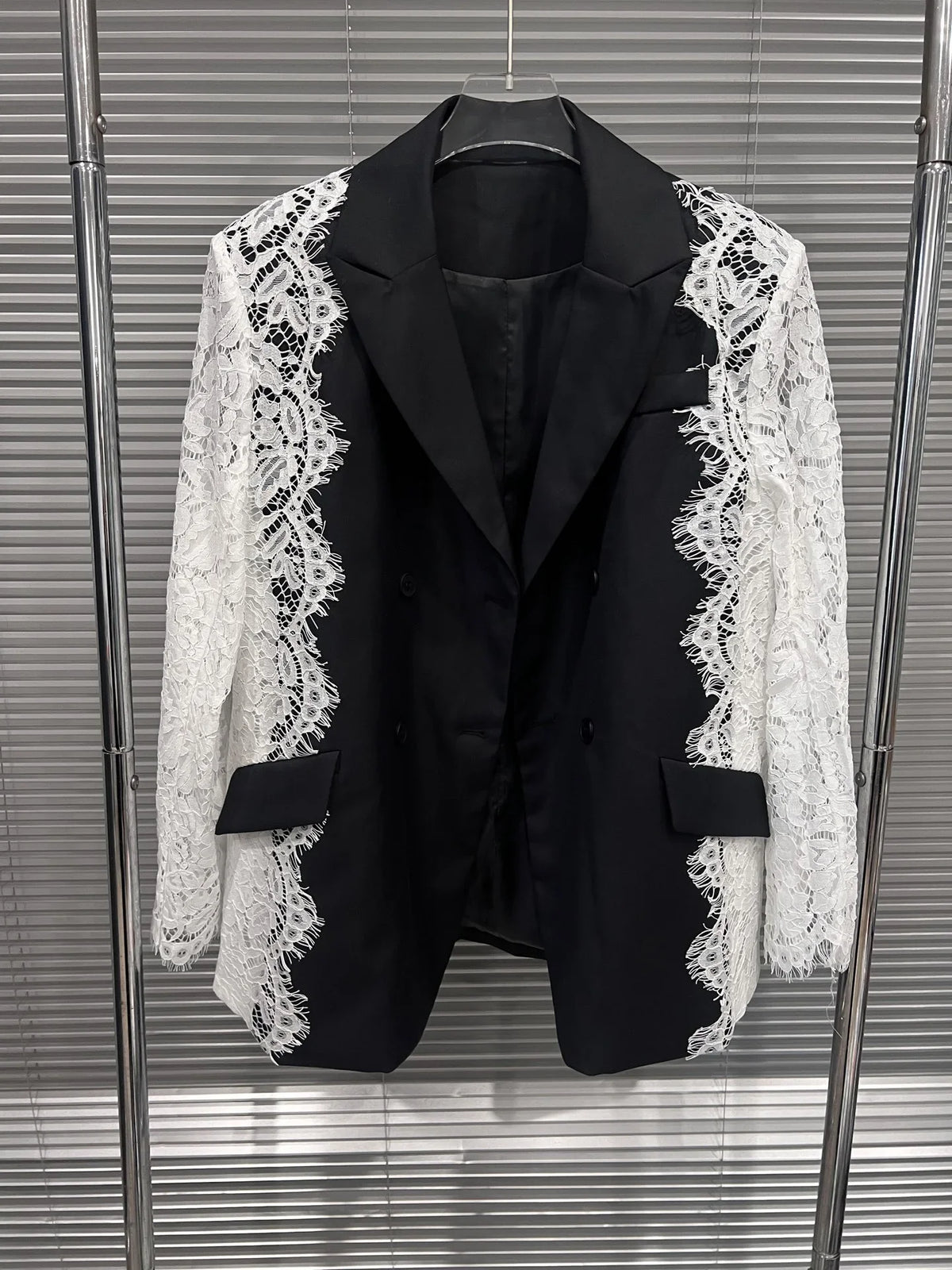 Women Chic Blazer Lace Patchwork Color Block Notched Collar Double Breasted Elegant Trendy Jacker New Spring Autumn HK20168