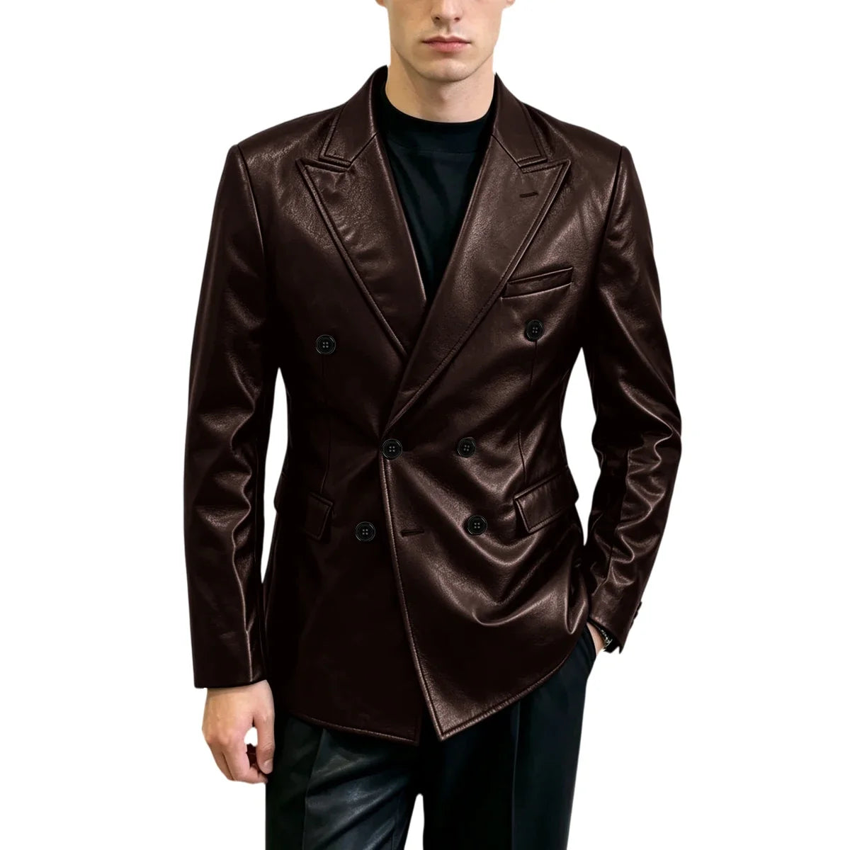 Vintage Men's Brown Leather Blazer Double Breasted Peak Lapel Slim Fit Suit Jacket High Quality Fashion Sport Coat Business Casu