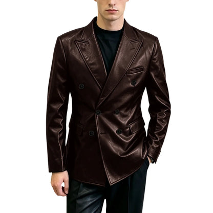 Vintage Men's Brown Leather Blazer Double Breasted Peak Lapel Slim Fit Suit Jacket High Quality Fashion Sport Coat Business Casu
