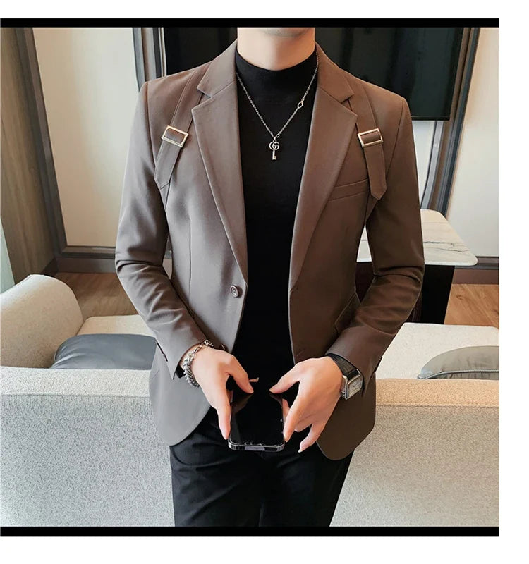 2024 Autumn Winter New Strap Decoration Suit Jacket for Men Fashion Slim Casual Business Blazers Groom Wedding Social Tailcoat