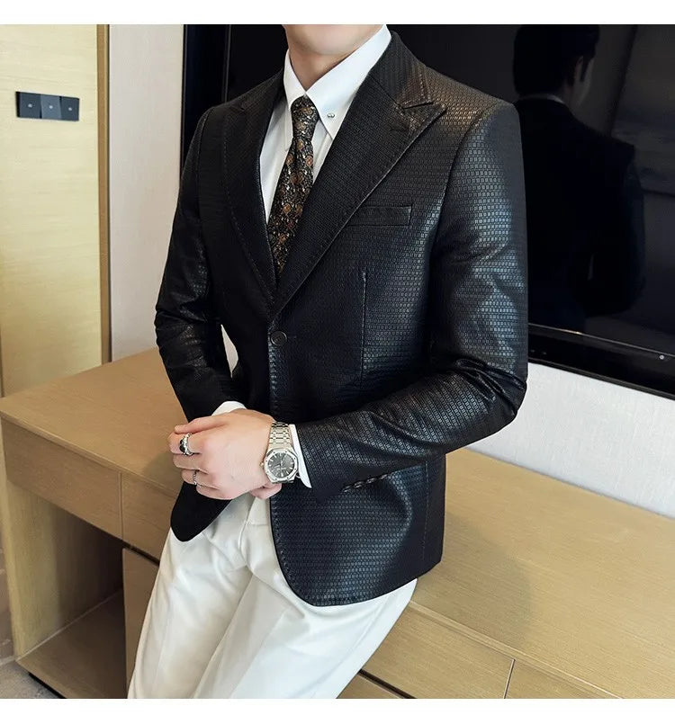 Korean Waffle Leather Suit Jacket Men's Business Casual PU Leather Blazer Slim Fit Wedding Groom Office Social Formal Coats 2026