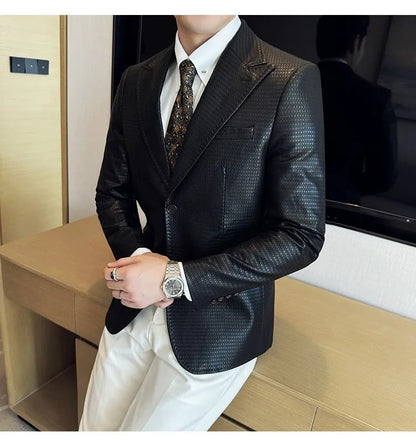 Korean Waffle Leather Suit Jacket Men's Business Casual PU Leather Blazer Slim Fit Wedding Groom Office Social Formal Coats 2026