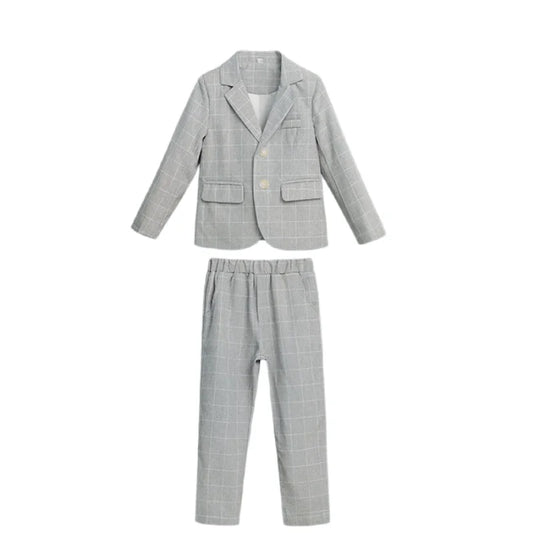 1-11Years Kid's 4Pieces Gray Plaid Suit Set With Blazer Vest Pants Bowtie Boys Wedding Birthday Prom Performance Costume