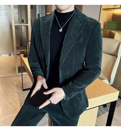 ( Jacket+Pants) Men Corduroy Suit Two-Piece Set High Quality Italian Style Business Suit Luxury Men Formal Wedding Groom Tuxedos
