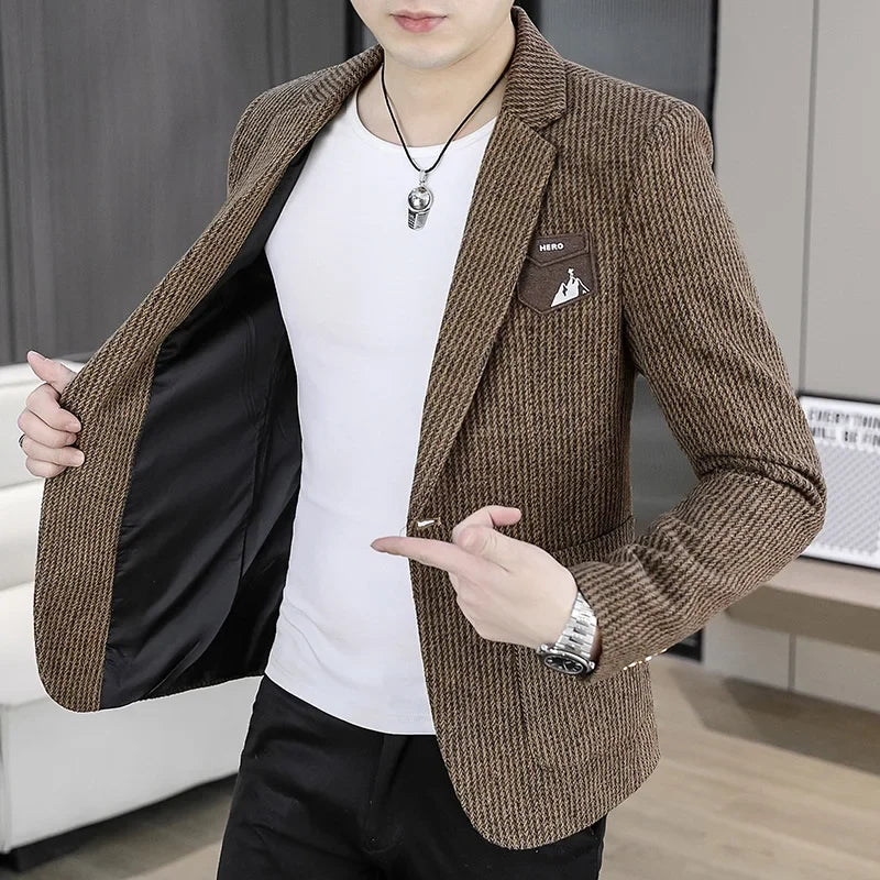 2025 Autumn Men's Casual Suit Jacket Fashion Slim Fit Striped Blazers Streetwear Social Business Versatile Formal Dress Coats