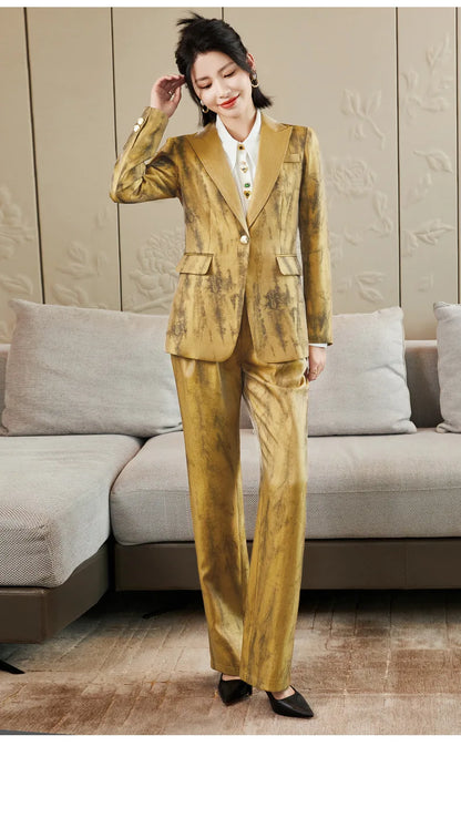 Women Golden Black Formal Pant Suit Autumn Female Tie-dye Blazer and Trouser 2 Piece Set For Office Ladies Winter Work Wear