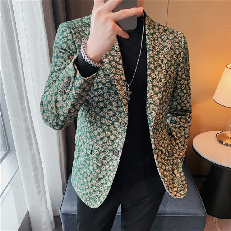 Autumn Winter Corduroy Flower Blazers Men Slim Fit Casual Suit Jacket Casual Suit Jacket Wedding Business Dress Coat Streetwear