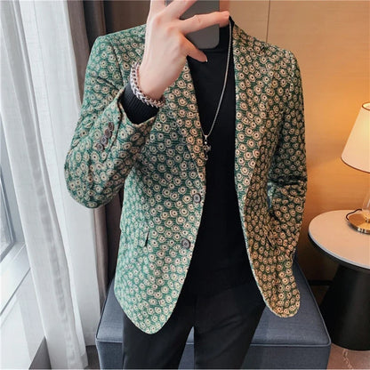 Autumn Winter Corduroy Flower Blazers Men Slim Fit Casual Suit Jacket Casual Suit Jacket Wedding Business Dress Coat Streetwear