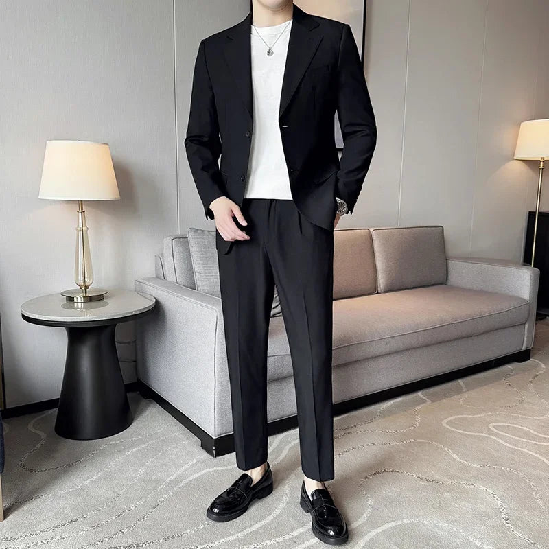 Tencel High Tech Fabric Men Spring Summer Thin Suits 2 Pieces (jacket+pants) Business Casual Office Wedding Groom Dress Suit