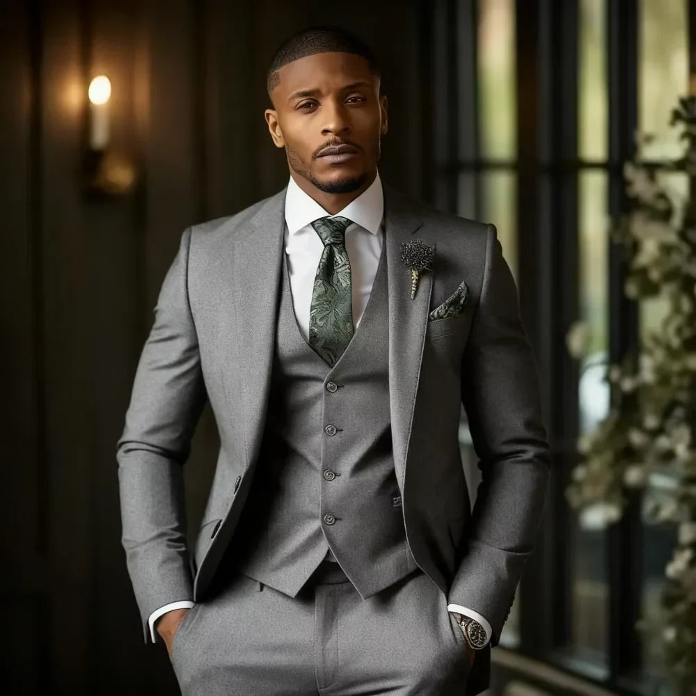 Costume de smoking formel 3 pièces de luxe vert pour homme - Veste élégante à revers cranté + Gilet + Pantalon - Costume de mariage pour garçons d'honneur