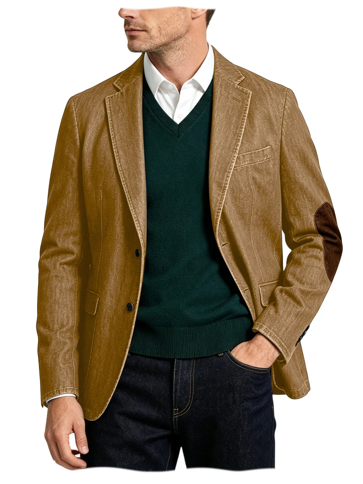 Men's Denim Blazer Suit with Suede Elbow Patches – Slim Fit, Casual & Business Wear