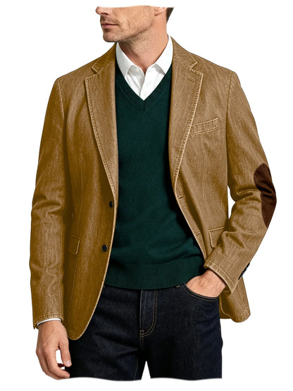 Men's Denim Blazer Suit with Suede Elbow Patches – Slim Fit, Casual & Business Wear