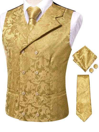 Men's Floral Jacquard Waistcoat Set – Golden Yellow Red Single Breasted Vest for Tuxedo, Gala & Special Occasions