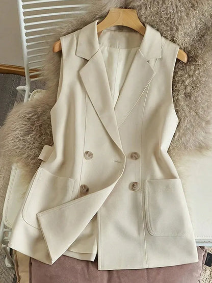 Fashion Double Breasted Suit Vest Women Clothes With Pocket Back Belt Slim Elegant Tops Coat Formal Occasion Sleeveless Jackets