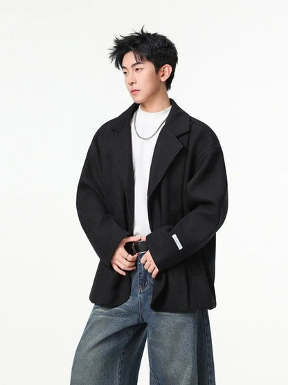 Men's British Style Brown Wool Blend Blazer Korean Loose Lapel Chic Autumn Fashion Suit Jacket