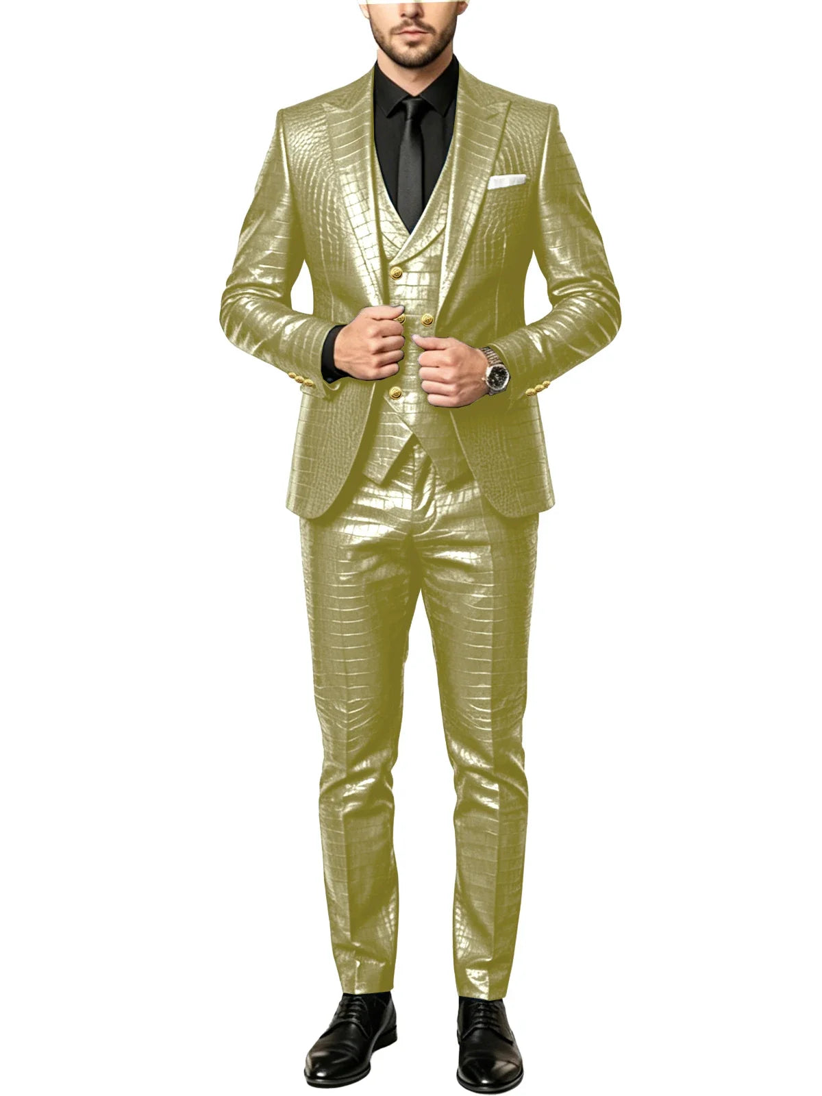 Men's 3 Piece Suit Crocodile Pattern Prime PU Leather Single Breasted Gold Buttons Slim Fit Wedding Dinner Party Formal Outfit ﻿