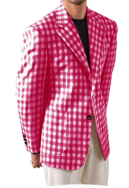 Men's Checkered Cotton Blazer Notched Lapel Single-Breasted Casual Business Summer Sport Coat with Patch Pockets