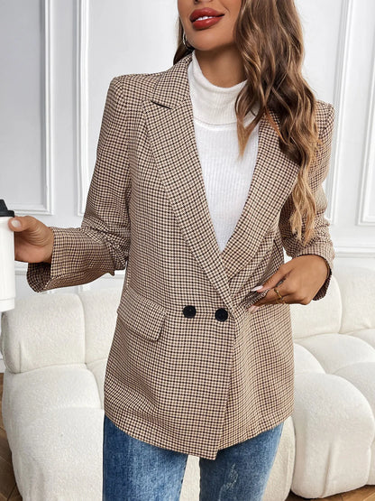 Spring Autumn 2026 Vintage Houndstooth Blazer Women Notched Loose Jacket Coat Women Clothing Female Casual 63997
