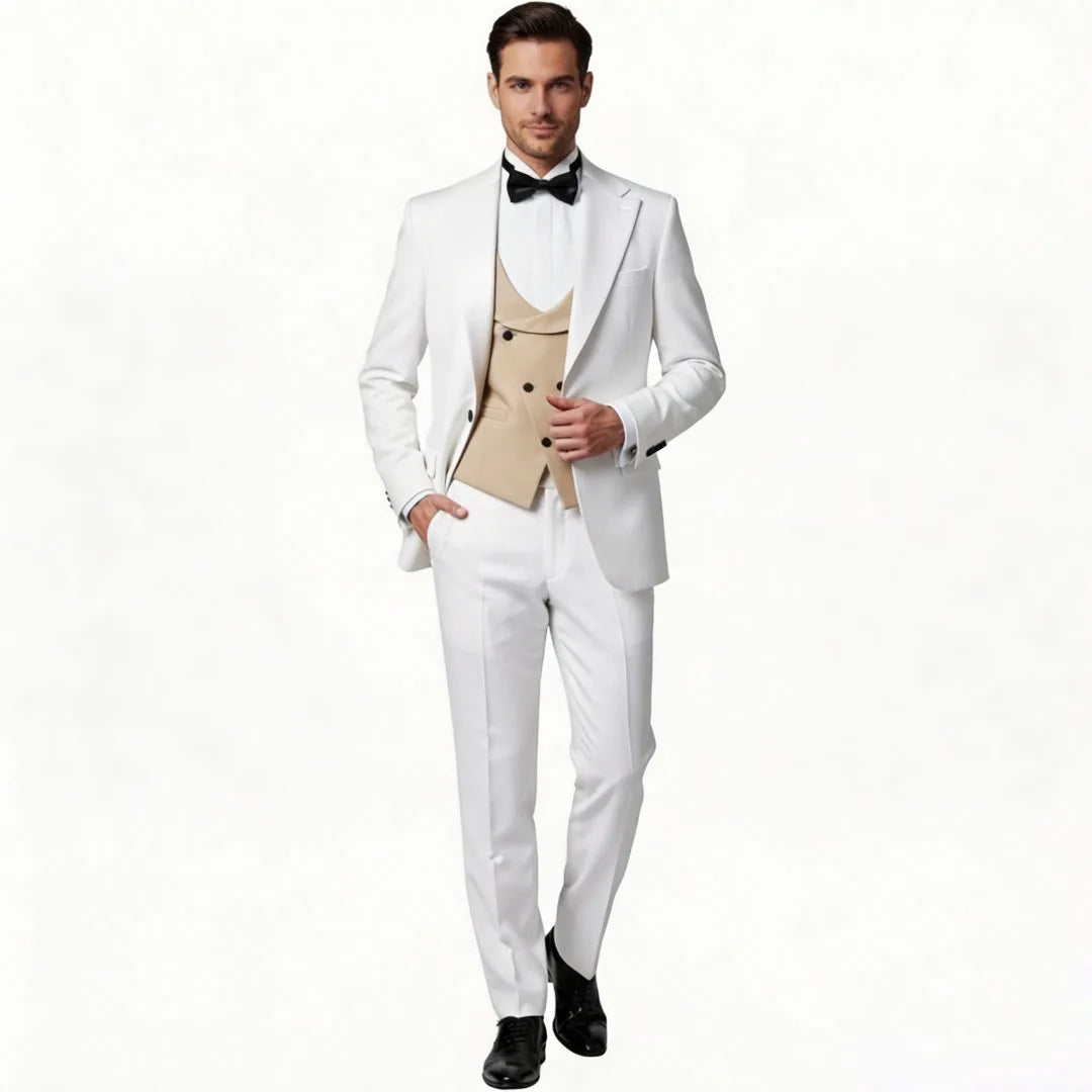 Men Suit White 3 Piece With Champagne Lapel For Wedding Groom Birthday Banquet Party Ball Business Office Work Jacket Vest Pants