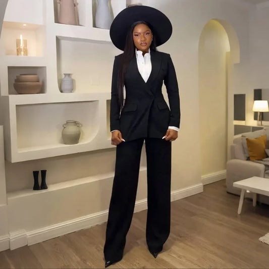 Powerful Women Black Slim Fit 2‑Piece Suit Set Peaked Lapel Blazer Wide Leg Pants Formal Business Evening Wedding Guest Outfit