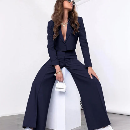Single-grain Buckle Women Suit Two Pieces(Short Jacket+Pants) Peaked Lapel Office Lady for Business Daily Shopping Set Custom