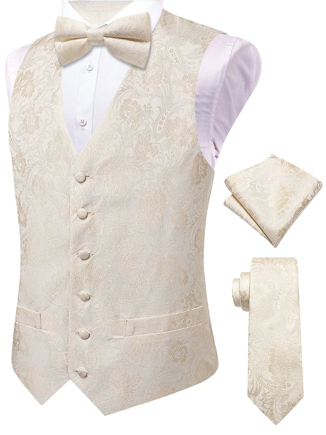 Men's Luxury Pink Jacquard Floral Vest Set – Formal Wedding & Prom Waistcoat with Tie, Bowtie & Pocket Square