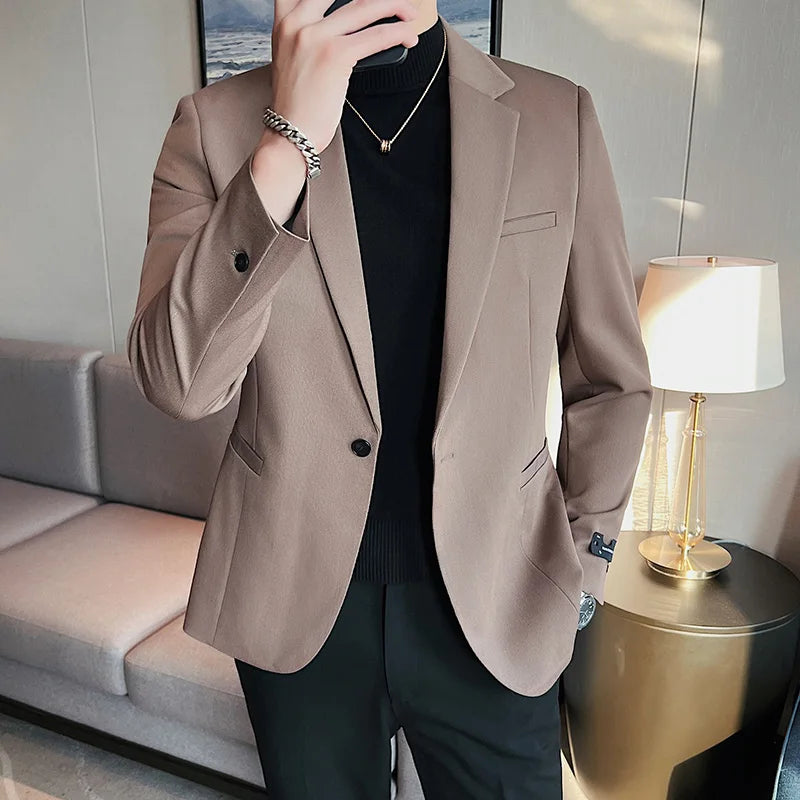 High-Quality Fashionable Men's Slim Fit Business Suit Jacket Autumn Wear Korean Style Pure Color Tweed High-End Feel