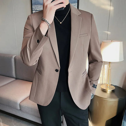 High-Quality Fashionable Men's Slim Fit Business Suit Jacket Autumn Wear Korean Style Pure Color Tweed High-End Feel
