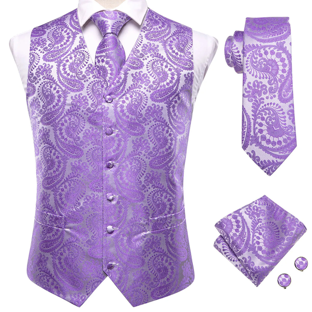 Men's Jacquard Floral Waistcoat Set with Tie, Pocket Square & Cufflinks – Purple Paisley, Wedding & Business