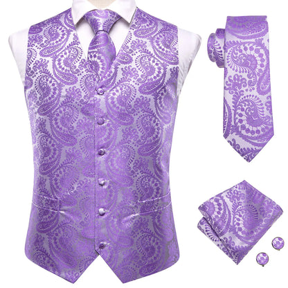 Men's Jacquard Floral Waistcoat Set with Tie, Pocket Square & Cufflinks – Purple Paisley, Wedding & Business