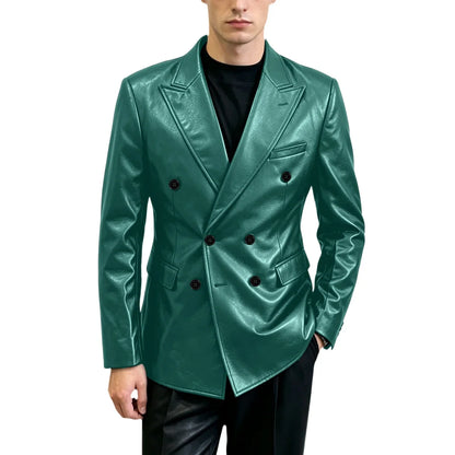 Vintage Men's Brown Leather Blazer Double Breasted Peak Lapel Slim Fit Suit Jacket High Quality Fashion Sport Coat Business Casu