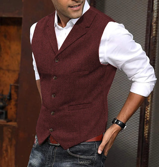 Men's Herringbone Tweed Wool Suit Vest – Slim Fit Single Breasted Waistcoat for Weddings & Formal Occasions